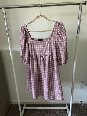 Lumiere Plaid Square-Neck Puff Sleeve Dress in Mauve